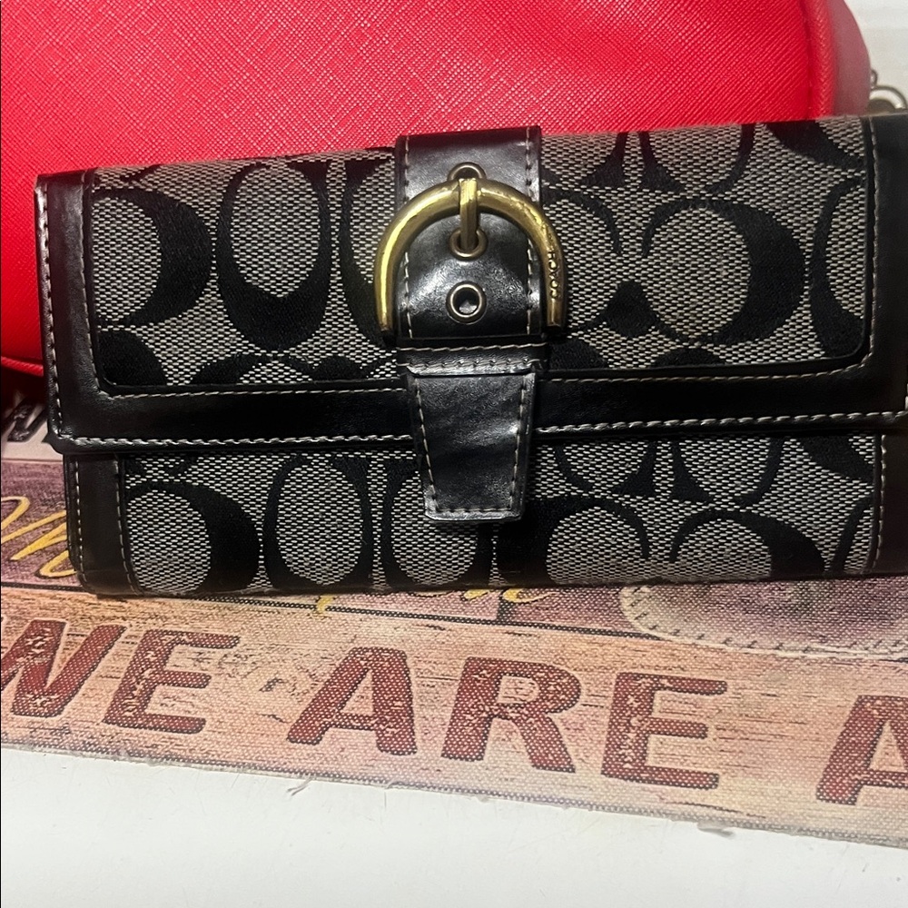 Coach Black Signature Canvas Continental Wallet with Gold Buckle